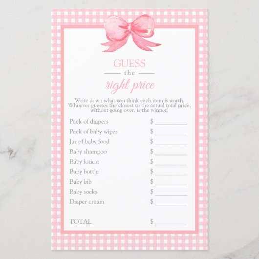 Roze Baby shower Gingham raad het prijsspel (Voorkant)