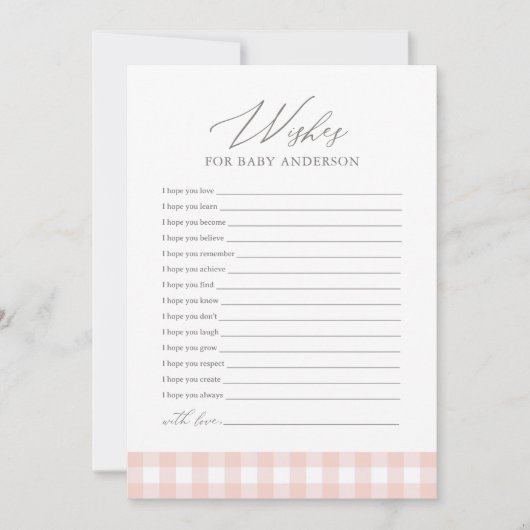 Roze Baby shower Gingham Wishes for Baby Kaart (Voorkant)
