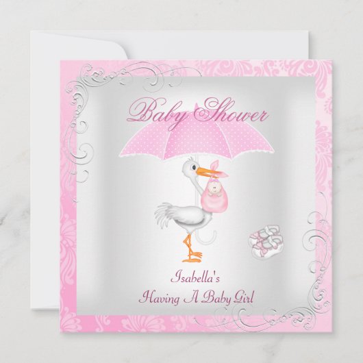 Roze Baby shower Girl Umbrella Damask Kaart (Voorkant)