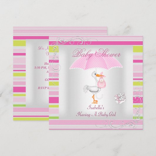 Roze Baby shower Girl Umbrella Snoep Stripe Kaart (Voorkant / Achterkant)