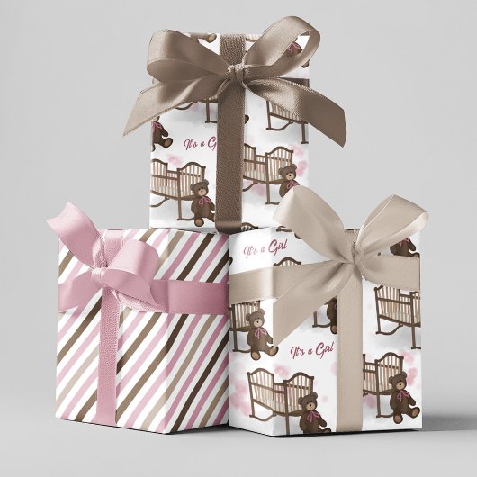 Roze Baby shower Het is een meisje Teddy Bear Inpakpapier Vel