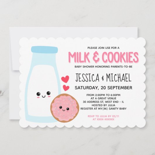 Roze Baby shower Kawaii Melk en koekjes Kaart (Voorkant)