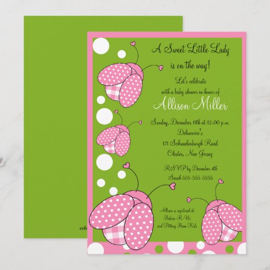 Roze Baby shower Ladybug Kaart (Voorkant / Achterkant)