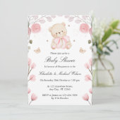 Roze Baby shower Meisje Teddy Bear Uitnodiging (Staand voorkant)