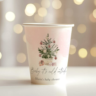 Roze baby shower met kerstboom voor de winter papieren bekers