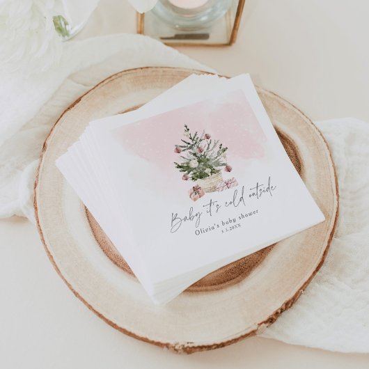 Roze baby shower met kerstboom voor de winter servet