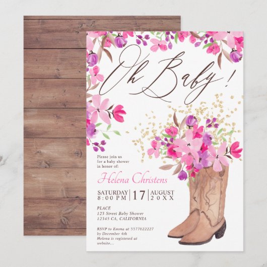 Roze baby shower met roze bloemen kaart (Voorkant / Achterkant)