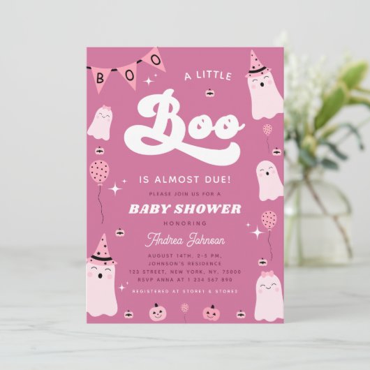 Roze Baby shower met roze ghost en Groovy Little B Kaart (Staand voorkant)