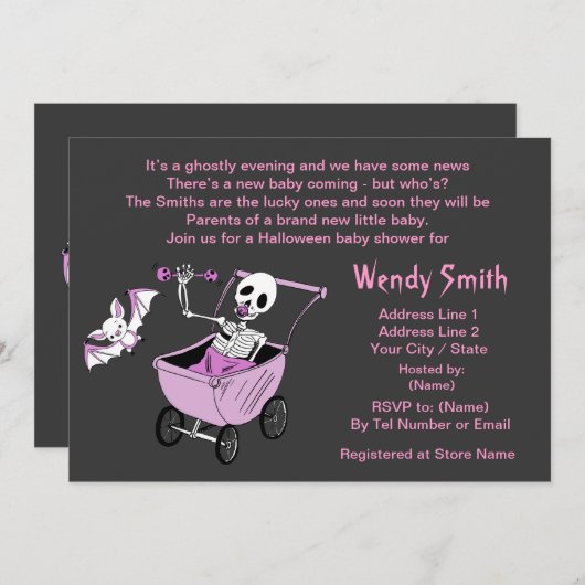 Roze Baby shower met weinig skelet Kaart (Voorkant / Achterkant)