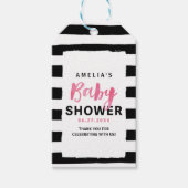 Roze Baby shower met zwarte en witte strepen Cadeaulabel (Voorkant)