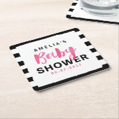 Roze Baby shower met zwarte en witte strepen Kartonnen Onderzetters (Schuin)