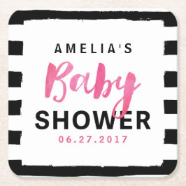 Roze Baby shower met zwarte en witte strepen Kartonnen Onderzetters