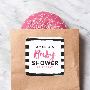Roze Baby shower met zwarte en witte strepen Vierkante Sticker