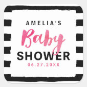 Roze Baby shower met zwarte en witte strepen Vierkante Sticker (Voorkant)