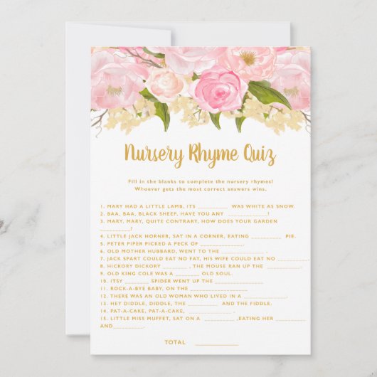 Roze Baby shower Nursery Rhyme Quiz Game Kaarten (Voorkant)