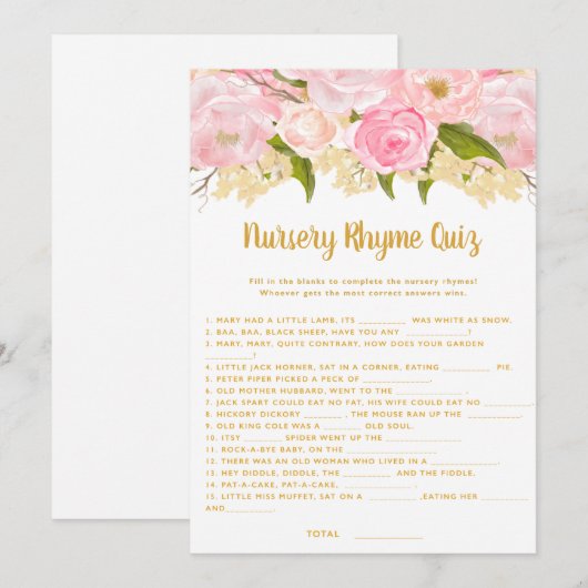 Roze Baby shower Nursery Rhyme Quiz Game Kaarten (Voorkant / Achterkant)