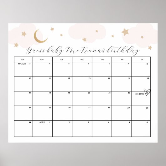 Roze baby shower 'Over the Moon' spel om de datum  Poster (Voorkant)