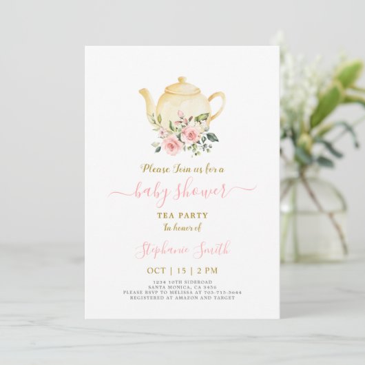Roze Baby shower par-tea uitnodiging (Staand voorkant)