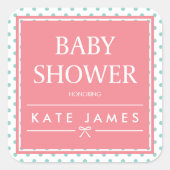 Roze Baby shower Polka Dots en Ribbon Vierkante Sticker (Voorkant)