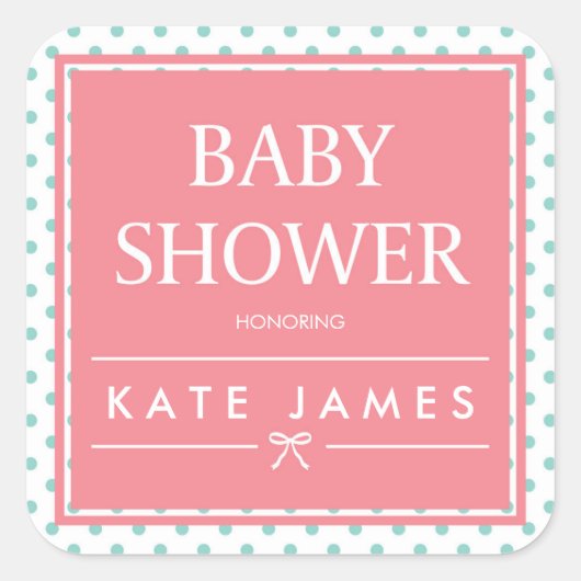Roze Baby shower Polka Dots en Ribbon Vierkante Sticker (Voorkant)