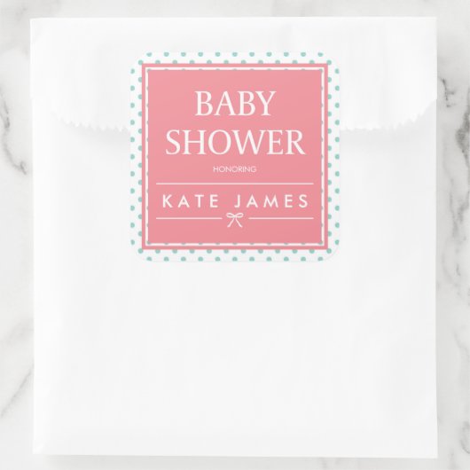 Roze Baby shower Polka Dots en Ribbon Vierkante Sticker (Tas)