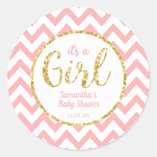 Roze Baby shower Round Sticker | Chevron en Gold (Voorkant)