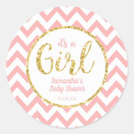 Roze Baby shower Round Sticker | Chevron en Gold
