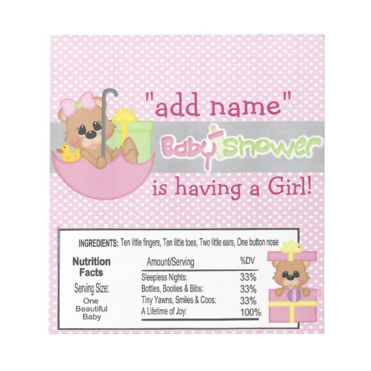 Roze Baby shower Snoep Bar Wrapper Favor Notitieblok (Voorkant)