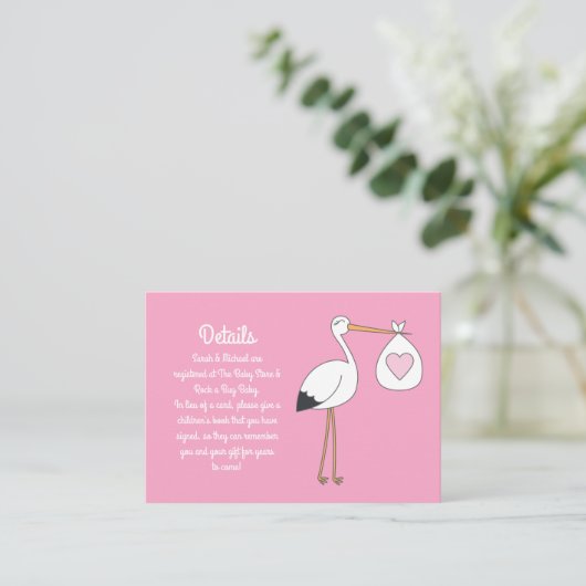 Roze Baby shower Stork Informatiekaartje (Staand voorkant)