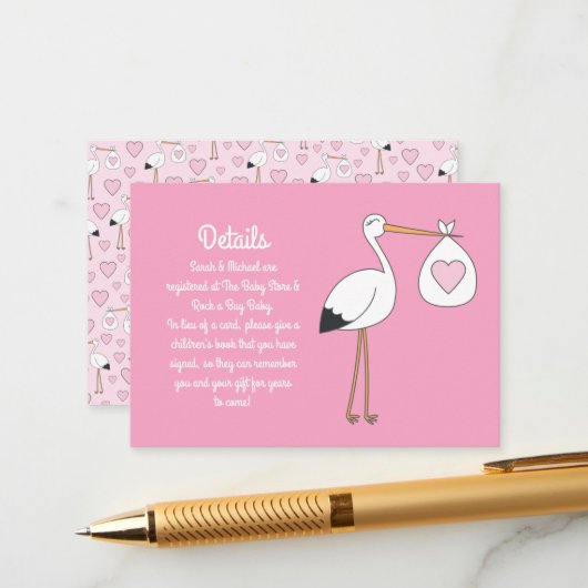 Roze Baby shower Stork Informatiekaartje (Voorkant / Achterkant in situ)