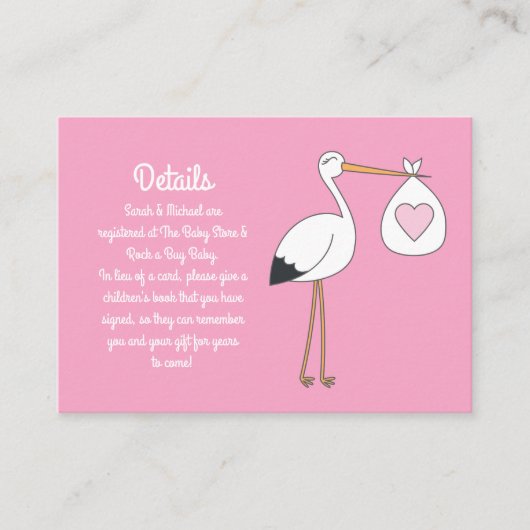 Roze Baby shower Stork Informatiekaartje (Voorkant)