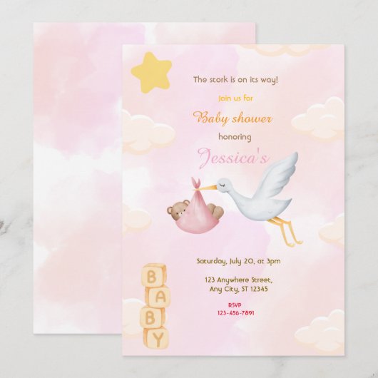 Roze Baby shower Stork Kaart (Voorkant / Achterkant)