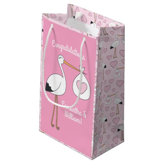 Roze Baby shower Stork Klein Cadeauzakje (Achterkant Gekanteld)
