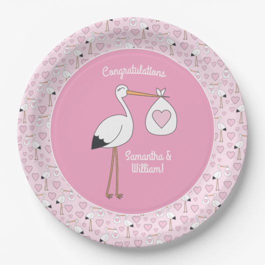 Roze Baby shower Stork Papieren Bordje (Voorkant)
