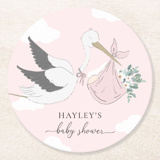 Roze Baby shower Stork Ronde Kartonnen Onderzetter (Voorkant)
