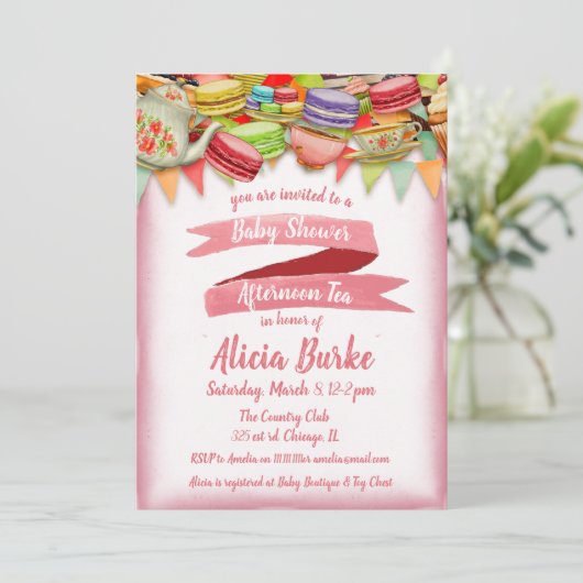  Roze Baby shower Tea Party Uitnodiging (Staand voorkant)