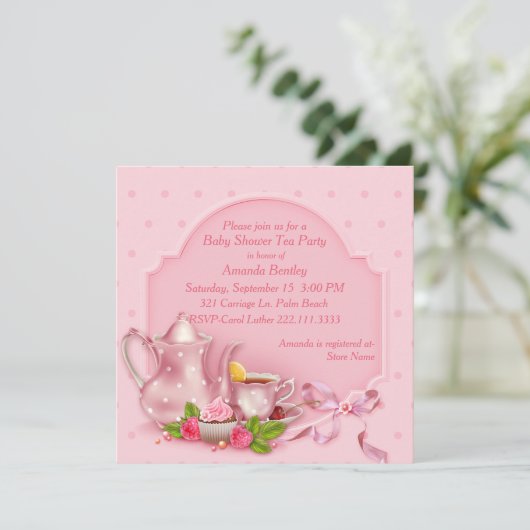 Roze Baby shower Tea Party Uitnodiging (Staand voorkant)