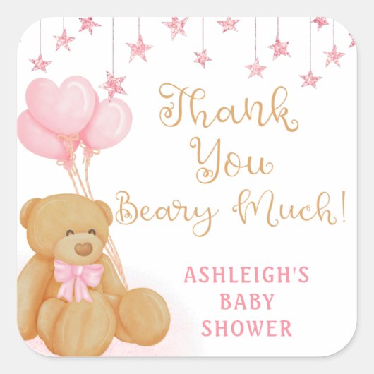 Roze Baby shower Teddy Bear Balloons Dank u Vierkante Sticker (Voorkant)