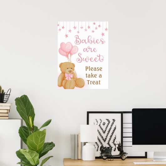 Roze Baby shower Teddy Bear Dessert Tafelteken Poster (Thuiskantoor)