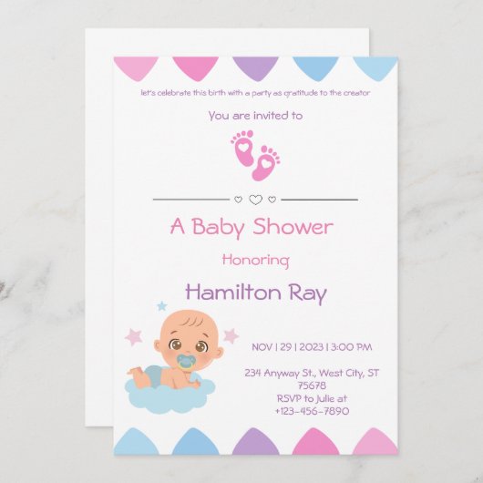 Roze Baby shower Uitnodiging (Voorkant / Achterkant)