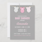 Roze Baby shower Uitnodiging, Clothesline Thema Kaart (Voorkant)
