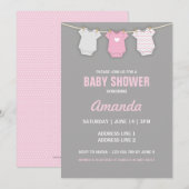 Roze Baby shower Uitnodiging, Clothesline Thema Kaart (Voorkant / Achterkant)