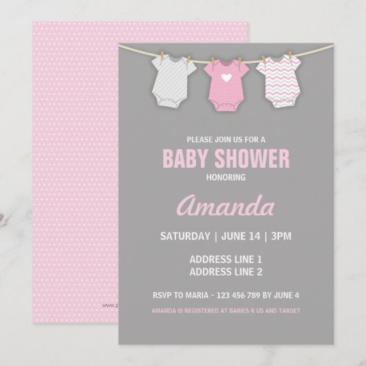 Roze Baby shower Uitnodiging, Clothesline Thema Kaart (Voorkant / Achterkant)