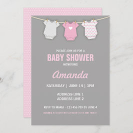 Roze Baby shower Uitnodiging, Clothesline Thema Kaart
