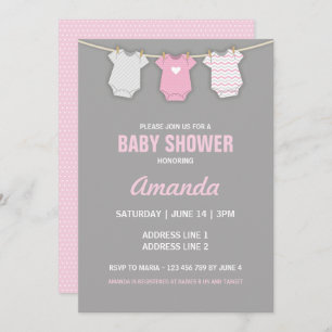 Roze Baby shower Uitnodiging, Clothesline Thema Kaart