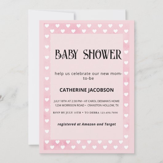 Roze baby shower uitnodiging met harten (Voorkant)