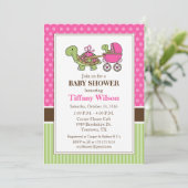 Roze baby shower uitnodiging met schildpadjes (Staand voorkant)