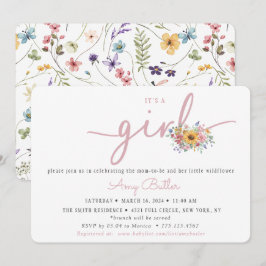 Roze baby shower uitnodiging met wilde bloemen