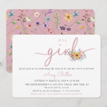 Roze baby shower uitnodiging met wilde bloemen