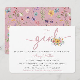 Roze baby shower uitnodiging met wilde bloemen